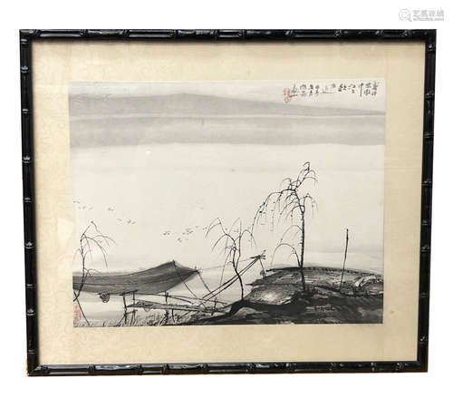 A Japanese painting of a riverside scene, calligraphy and red seal marks, silk surround,