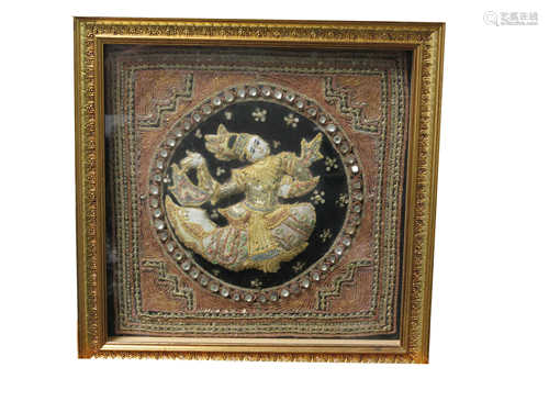 An Indian embroidered panel, with gold metal thread, framed and glazed, 33 x 33cm.