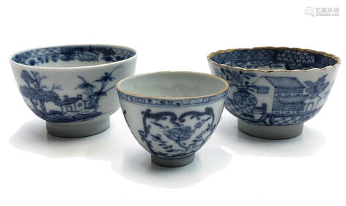 Two Chinese porcelain tea bowls, 18th century, largest diameter 8cm and a Chinese finger bowl,