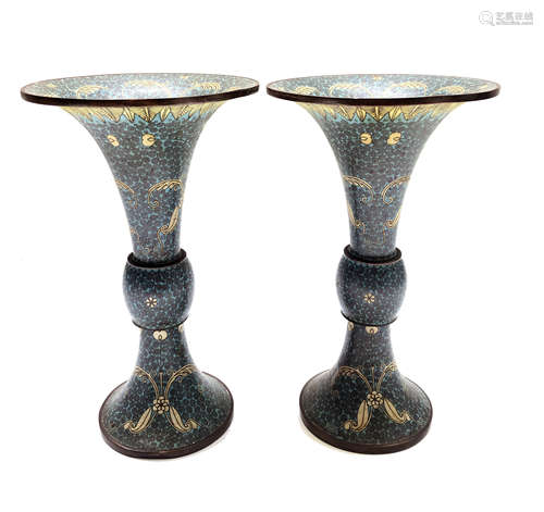 A pair of Chinese cloisonne gu vases, 19th century, the blue ground with floral sprays and scrolls,