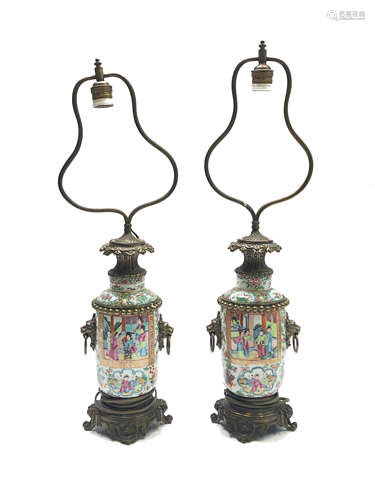 A pair of Chinese Canton porcelain lamp vases, late 19th century,