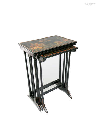 A black japanned and lacquered nest of three tables, early 20th century,