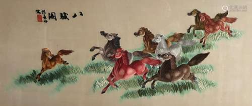 A Chinese silk embroidered picture of galloping horses, Republic period,