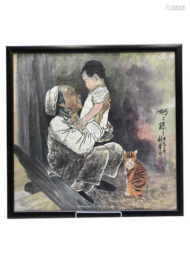 A Chinese watercolour of a woman, child and cat, 20th century, calligraphy and red seal marks,