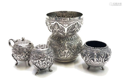 A pair of silver condiments, a silver miniature bowl and a silver double gourd vase, 256g.