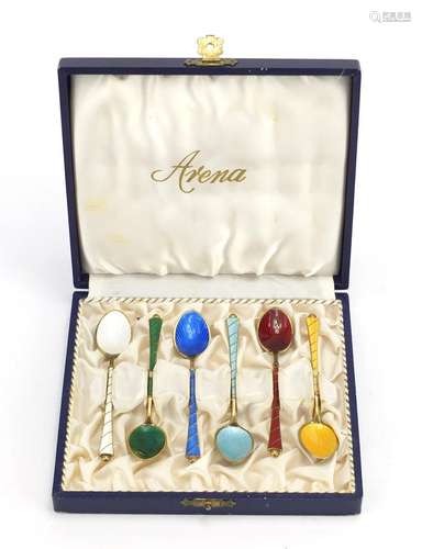 Set of six Danish silver gilt and guilloche enamel teaspoons, by Ela, housed in a fitted box, each