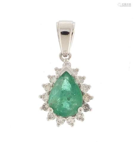 14ct white gold emerald and diamond tear drop pendant, 2cm in length, approximate weight 1.4g :