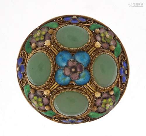 Chinese silver gilt and enamel brooch set with four green jadeite cabochons, 4cm in diameter,