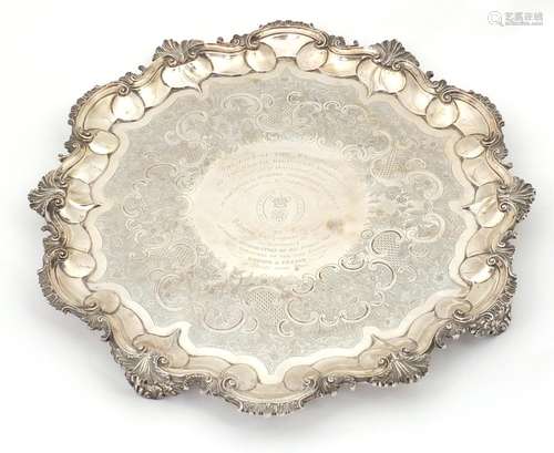 Large circular Georgian silver tray, chased and moulded with acanthus leaves, engraved The gift of