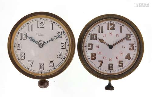 Two travel clocks including J W Benson, the largest 6.5cm in diameter : For Further Condition