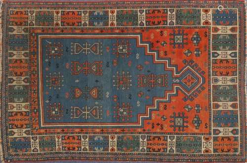 Rectangular antique Kazak prayer rug, 202cm x 132cm : For Further Condition Reports and Live Bidding