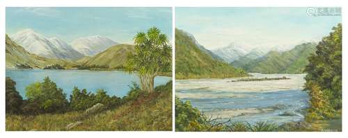 Enid Brook - Two New Zealand mountainous landscapes, two oil on boards, labels verso, mounted and