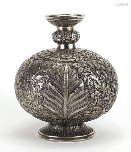 Indian silver coloured metal hookah base, cast with stylised flowers, 19cm high, approximate