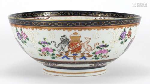 19th century Samson porcelain bowl, hand painted with an armorial crest and flowers, 25cm in