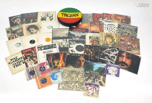 Vinyl LP's, singles and a Trojan tyre including The Beatles Abbey Road with misaligned apple, Jethro