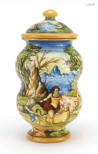 Antique Italian Majolica jar and cover hand painted with figures in a landscape, inscribed Pesaro to