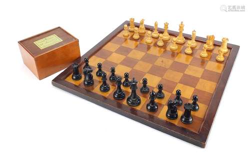 Staunton chess set by Jaques & Son with mahogany boxwood chess board, the largest chess piece 9cm