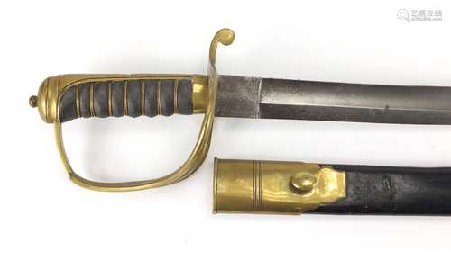 19th century Military interest short sword, with scabbard and wire bound shagreen grip, 75cm in