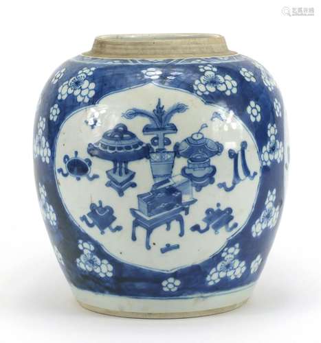 Chinese blue and white porcelain ginger jar, hand painted with lucky objects and prunus flowers,