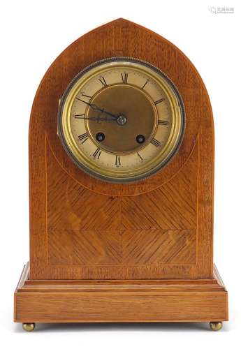 Edwardian oak mantel clock the painted chapter ring with Roman numerals, 31.5cm high : For Further