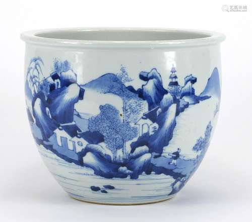 Chinese blue and white porcelain planter hand painted with a figure crossing a bridge in a