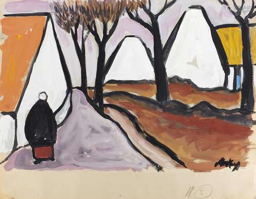 Figures before cottages, Irish school gouache on card, bearing a signature Markey, mounted unframed,