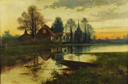 William Langley - Lake before shepherd and buildings at sunset, 19th century oil on canvas,