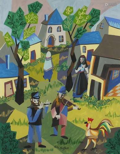 Abstract composition, figures before a town, gouache, bearing a signature Ilya Soffor, mounted and