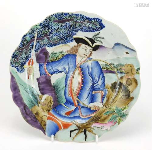 Good Chinese porcelain plate finely hand painted with a huntsman holding a horn and sword with two