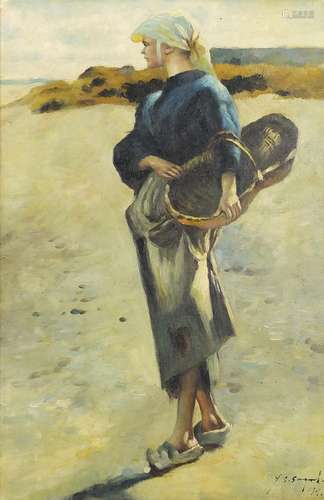 Female holding a basket on the beach, Dutch school oil on board, bearing an indistinct signature,