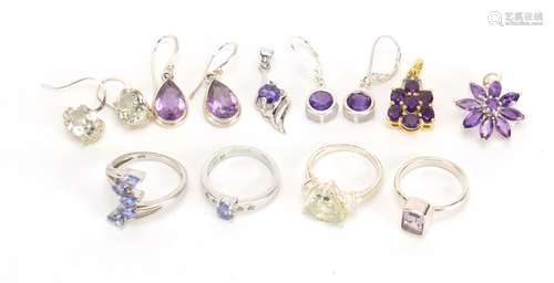 Silver semi precious stone jewellery comprising four rings, three pairs of earrings and three