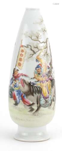 Chinese porcelain footed vase, finely hand painted in the famille rose palette with a warrior on