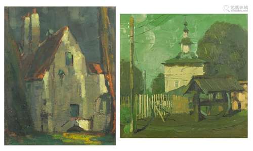 Cottages, two impressionist oils, one on canvas bearing an indistinct signature possibly Aerens,