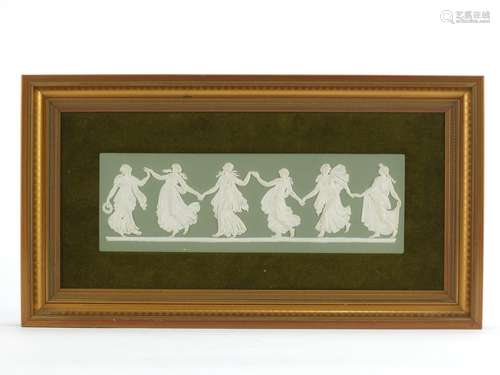 Wedgwood green Jasper Ware dancing hours plaque, housed in a gilt frame, impressed marks to the