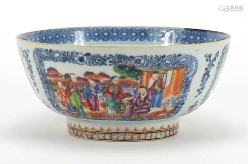 Chinese blue and white porcelain footed bowl, hand painted in the famille rose palette with panels