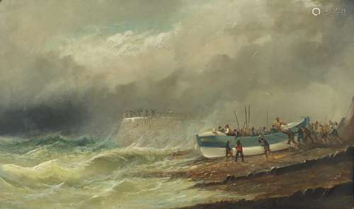 John Callow - Lifeboat mooring before a jetty, 19th century marine interest oil on canvas, 48.5cm