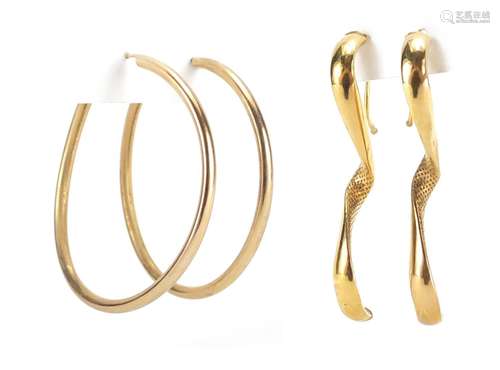 Two pairs of 9ct gold earrings, the hoops 4cm in diameter, approximate weight 3.7g : For Further