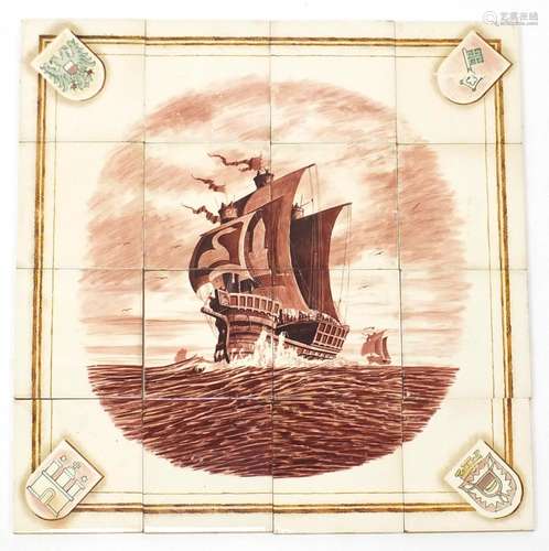 Meissen sixteen tile plaque hand painted with a rigged ship by A Wicht, each tile 15.5cm x 15.