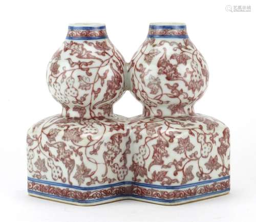 Chinese porcelain iron red twin double gourd vase, hand painted with bats and gourds amongst