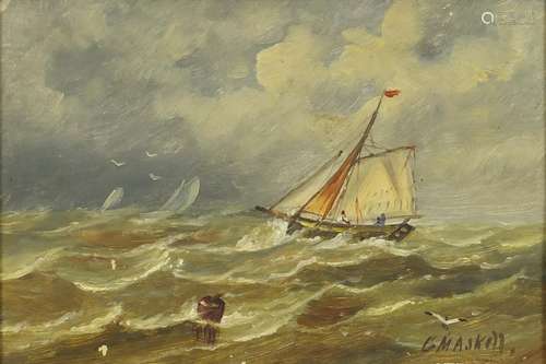 Christopher Mark Maskel - Rigged ship on choppy seas, oil on board, mounted and framed, 22cm x