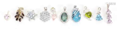 Ten silver semi precious stone pendants, approximate weight 26.0g : For Further Condition Reports