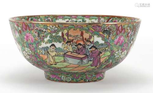 Chinese porcelain Canton bowl hand painted in the famille rose palette with figures and flowers,