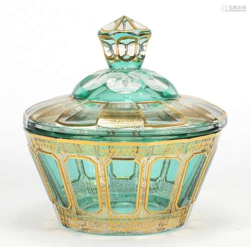 Moser emerald glass bomboniere and cover, with gilt decoration, 18cm high : For Further Condition