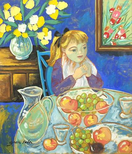 Young female sitting at a dining table, gouache, bearing a signature possibly Grau Sala, framed,