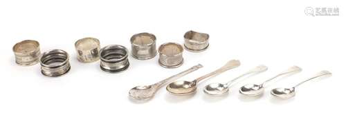 Seven silver napkin rings and five spoons, various hallmarks, approximate weight 230.0g : For