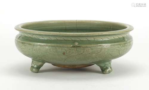 Chinese celadon glazed tripod incense burner, incised under glaze with foliage, 28.5cm in diameter :