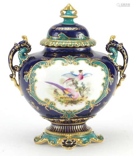 Royal Crown Derby gilded vase and cover with twin handles by Charles Harris, hand painted with a