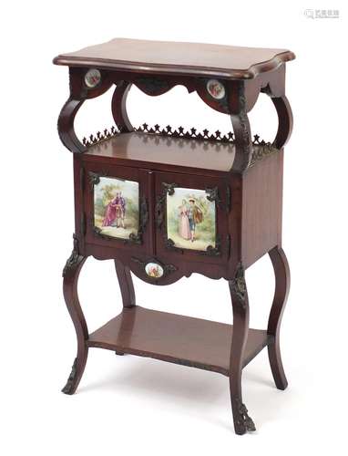 French style mahogany side cabinet with Sevres style porcelain panels and brass mounts, 76cm H x