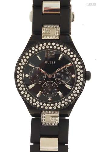 Ladies Guess chronograph wristwatch, numbered W18535L1, 3.7cm in diameter, with box and