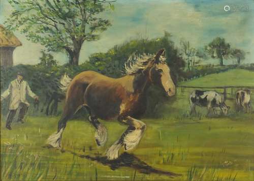 Alexander Milligan Galt - Shire horses let loose, oil on board, framed, 44cm x 31cm : For Further